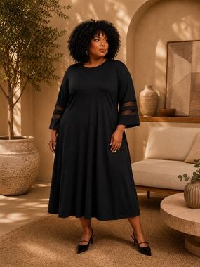 Black A-Line Midi Dress with Sheer Sleeve Panels